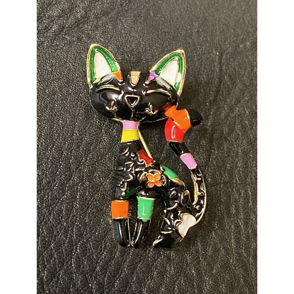 Vintage Style artistic Retro cat Kitty Kitten brooch Multicolor enamel on metal